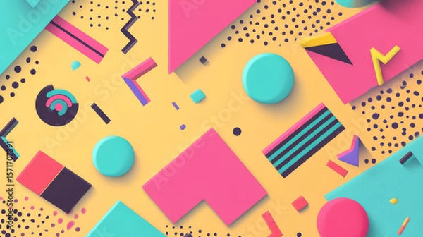 Fototapeta Colorful geometric shapes forming dynamic memphis pattern, representing 1980s graphic design aesthetic with bold, playful visual composition