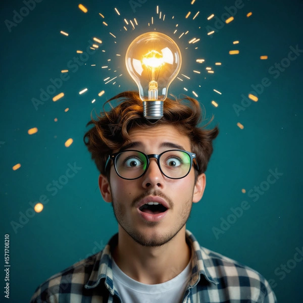 Obraz Eureka Moment: Man with Lightbulb Over Head