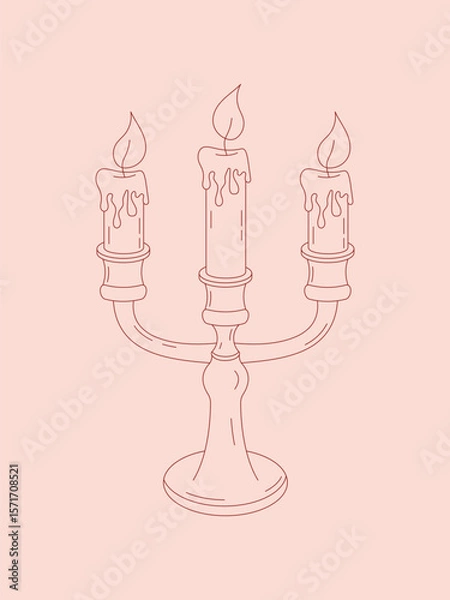 Fototapeta Elegant hand-drawn candle holder with three lit candles in soft pink tones. Romantic vintage style, perfect for celebration, wedding, or cozy atmosphere illustrations.