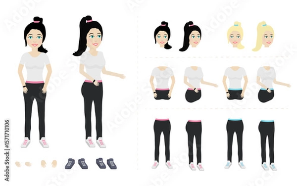 Fototapeta Modular Female Character Kit – Front & 3/4 View with Swappable Parts for Motion Design