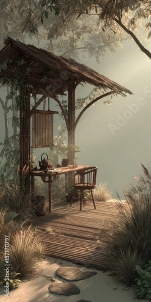 Fototapeta Wooden structure by water, desk with tea set, serene, peaceful ambiance