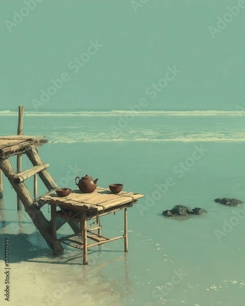 Fototapeta Wooden table with tea set by water, serene coastal scene