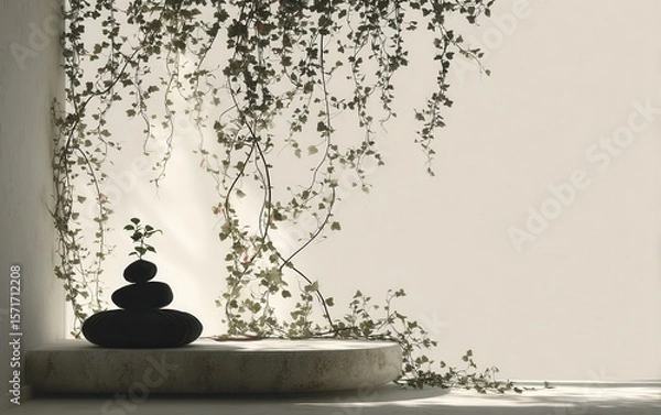 Fototapeta Zen scene with stacked stones and cascading green vines