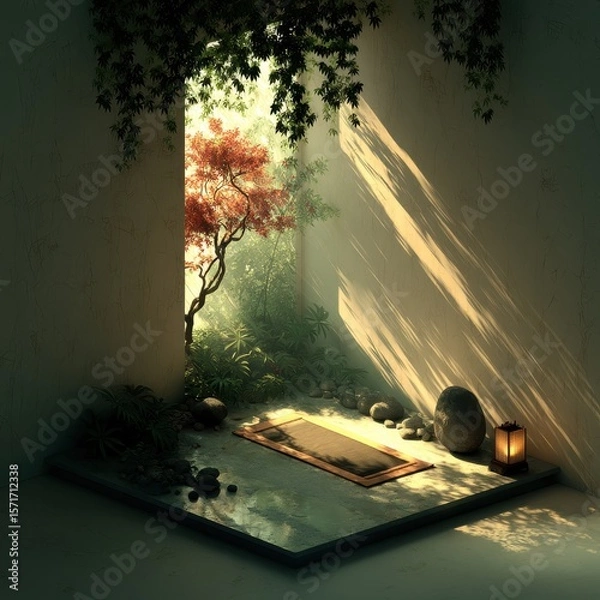 Fototapeta Zen-like interior with light casting on a yoga mat and plants