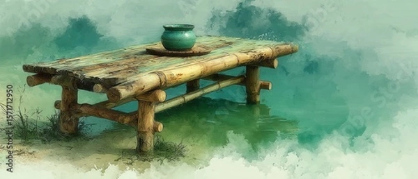 Fototapeta A bamboo table with a teal pot on a coaster by a serene lake