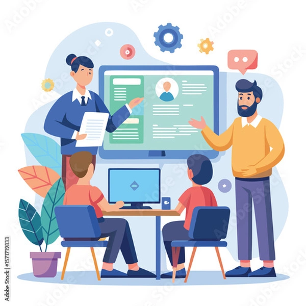 Fototapeta Team of professionals analyzing data on screen during a collaborative office business meeting setting