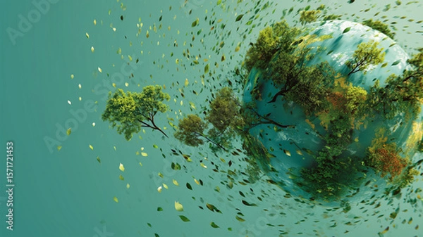 Fototapeta 風が深い森に覆われた地球から葉を吹き飛ばす