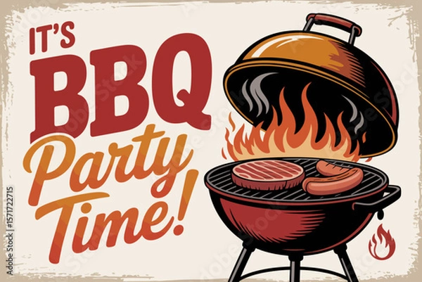 Fototapeta BBQ Party Invitation: Vibrant illustration captures the essence of a lively BBQ party, with a sizzling grill inviting guests to enjoy food, fun, and camaraderie.