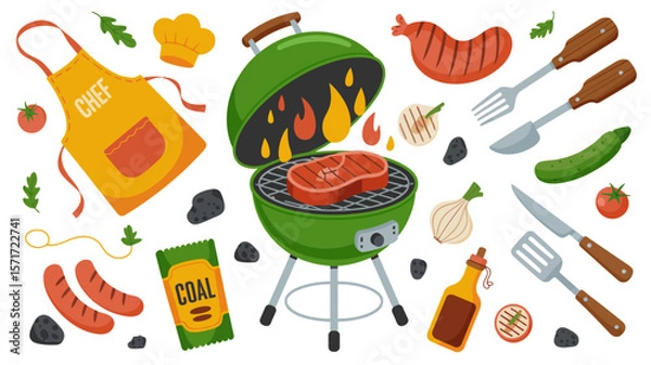 Fototapeta Culinary Feast: A vibrant collection of grilling essentials, perfect for a summertime cookout. Featuring a grill with sizzling steak, an apron, and an array of delicious foods.