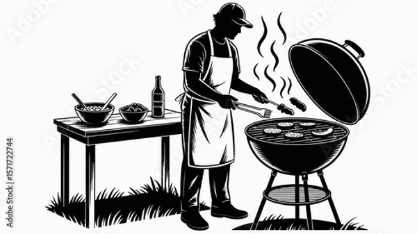 Fototapeta Barbecue Silhouette: A skilled individual in a cook's apron tends to a grilling session, expertly flipping savory meats over a charcoal grill, with delicious aroma.