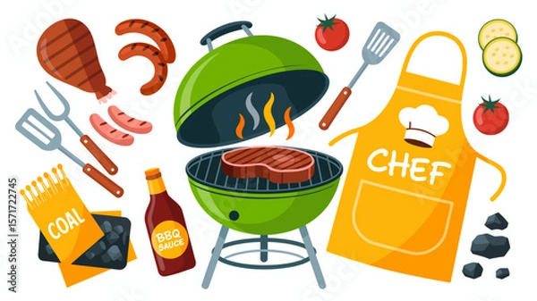 Fototapeta BBQ Celebration: An array of barbecue elements, from a grilling apparatus with food to culinary essentials, captures the joy of a cookout.