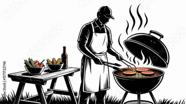 Fototapeta Barbecue Preparation: A silhouette of person stand infront of outdoor grill with smoke and some food on table, enjoying a barbecue on a bright summer day.