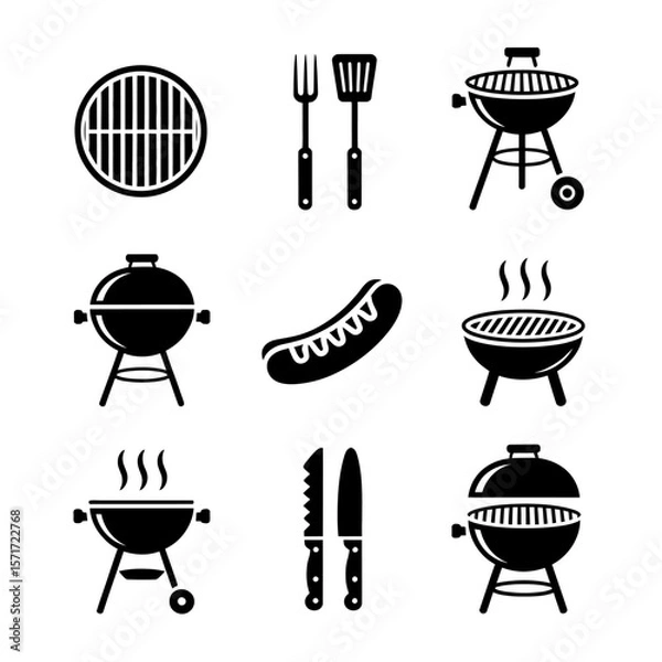 Fototapeta Grilling Essentials: A selection of barbecue tools, representing various grill types and essential implements, for creating delicious meals outdoors.