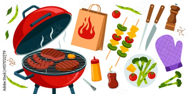 Fototapeta BBQ Grill Party Essentials: A vibrant collection of barbecue essentials, including a red charcoal grill with sizzling steaks and sausages, alongside assorted vegetables, condiments.