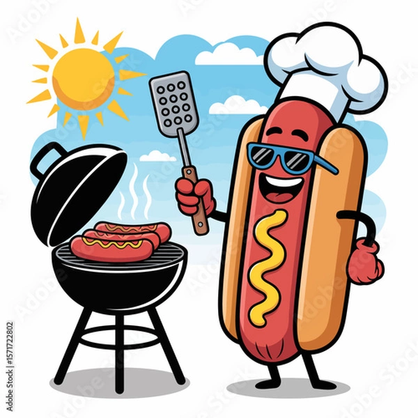 Fototapeta Hotdog Chef's Delight: A cheerful animated hotdog in a chef's hat joyfully mans a grill, flipping hotdogs on a sunny day, capturing the essence of a perfect summer barbecue.