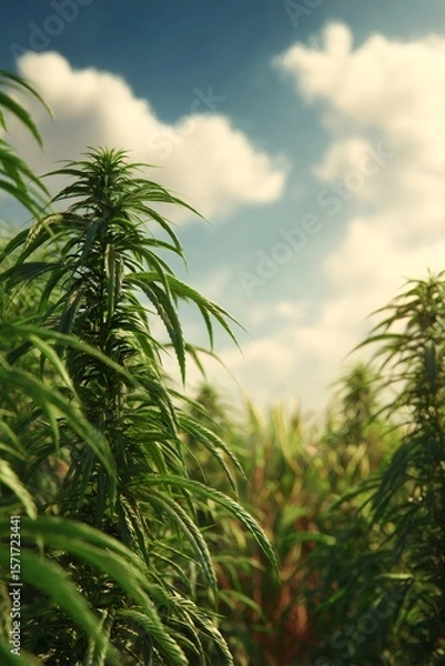 Fototapeta Hemp plants growing vigorously in sunlit field, verdant foliage stretching beneath soft cloudy sky