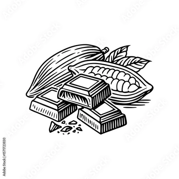 Fototapeta Black and white woodcut-style illustration depicting a cocoa pod and chocolate bars. The image features fine linework with clean, delicate strokes and no textures, creating a hand-carved vintage.