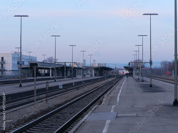 Obraz Train station with a few trains parked on the tracks