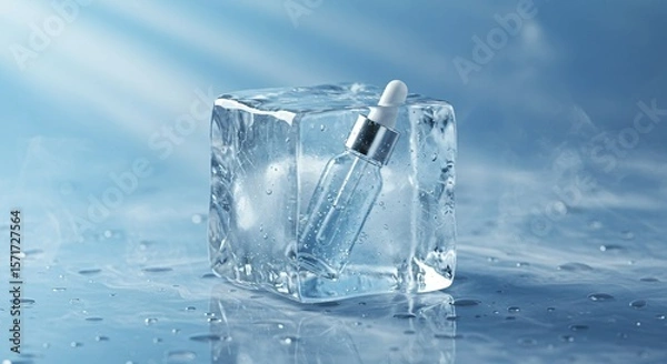 Fototapeta Transparent dropper bottle in ice cube on frosty surface with cool skincare aesthetic, Ai generated Images