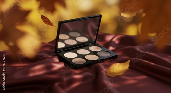 Fototapeta Autumn-inspired six-pan eyeshadow palette on burgundy fabric with falling golden leaves, Ai generated Images