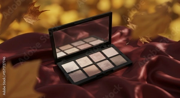 Fototapeta Neutral eyeshadow palette with fall leaves on deep red draped fabric and soft golden background, Ai generated Images