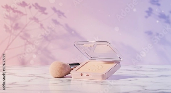 Fototapeta Light pink face powder compact with clear lid and soft fluffy brush on white marble, Ai generated Images