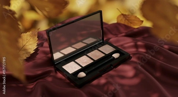Fototapeta Elegant autumn makeup concept with neutral palette on burgundy cloth and golden leaf motion, Ai generated Images