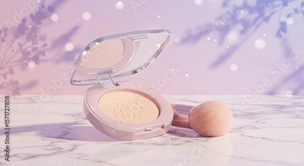 Fototapeta Elegant light pink square powder compact with soft brush on marble surface and lavender-pink background, Ai generated Images