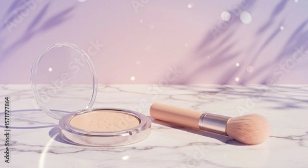 Fototapeta Soft light pink compact powder with clear lid and fluffy brush on white marble with floral shadow backdrop, Ai generated Images
