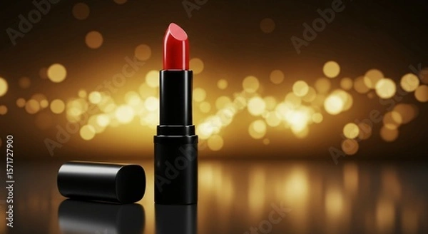 Fototapeta Vibrant red lipstick with black cap on reflective dark surface and warm golden bokeh background, Ai generated Images