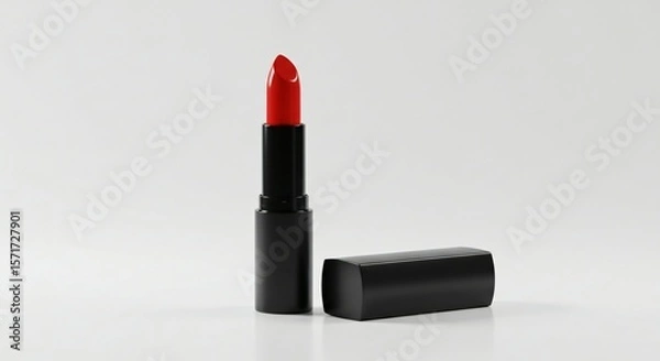 Fototapeta Bold red lipstick in black casing with cap beside on white minimalist background, Ai generated Images