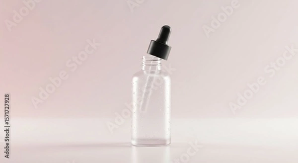 Fototapeta Clear glass bottle with black dropper on light pink surface and background, Ai generated Images