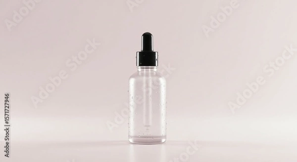 Fototapeta Elegant clear glass bottle with black dropper on soft pink surface and background, Ai generated Images