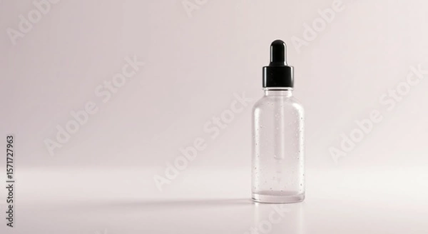 Fototapeta Modern clear glass bottle with black dropper on light pink background for cosmetic product, Ai generated Images