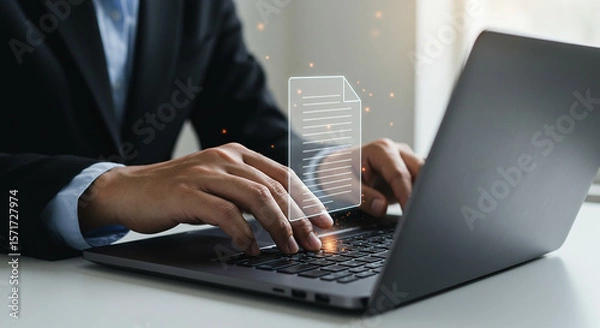 Fototapeta Man in suit typing on laptop with document icon hovering above keyboard showing digital paperwork