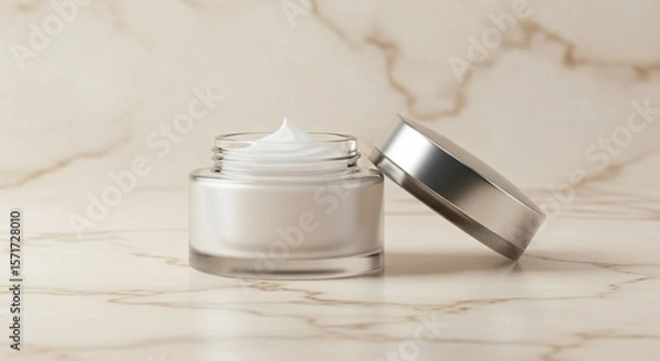 Fototapeta Frosted glass jar with white cream swirl and silver lid on light beige marble surface, Ai generated Images