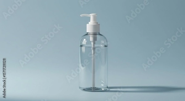 Fototapeta Transparent plastic bottle with white pump and clear liquid on pastel blue background, Ai generated Images