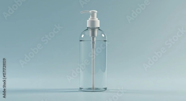 Fototapeta Minimalist clear plastic bottle with white pump filled with clear liquid on light blue pastel background, Ai generated Images