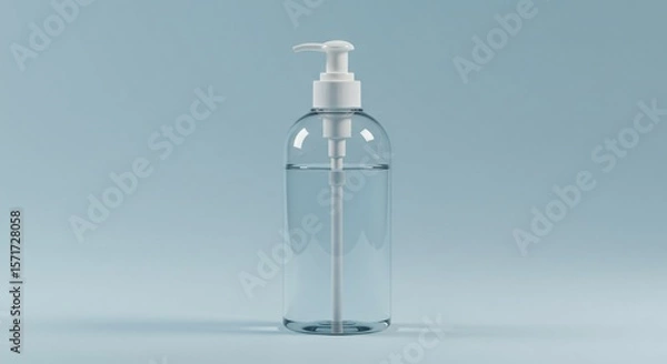 Fototapeta Skincare clear plastic pump bottle filled with transparent liquid on blue surface and background, Ai generated Images