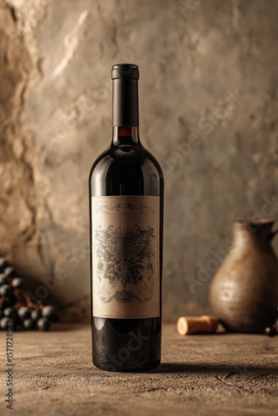 Fototapeta Elegant red wine bottle with intricate label design, placed on rustic wooden table, surrounded by grapes and clay jug
