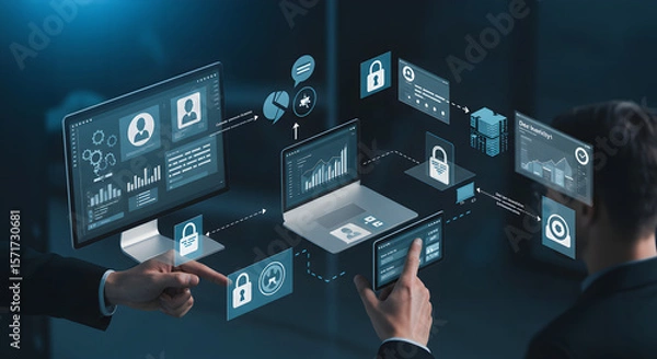 Fototapeta Cybersecurity Collaboration: Two professionals collaborate on a digital interface, showcasing data security, network protection, and innovative tech solutions.
