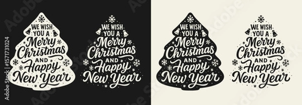 Fototapeta Bold hand-lettered phrase "We wish you a Merry Christmas and Happy New Year" stacked to form a Christmas tree shape, surrounded by snowflakes and bells. Black and white flat vector.