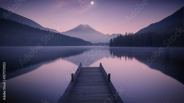 Obraz Most beautiful scenery in the mountains, with a lake and a pier leading to it. The sky is purple at night. It's very calm and relaxing.