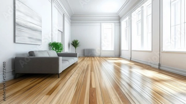 Obraz Spacious empty living room with wooden flooring, white walls, and natural light from large windows, ready for interior design or real estate showcase.