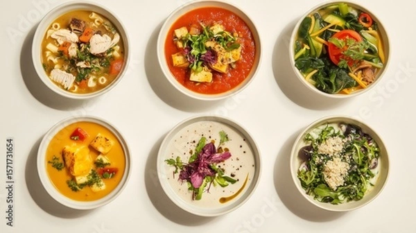 Fototapeta Various delicious soups and salads served in elegant bowls on a neutral background showcasing vibrant colors and fresh ingredients