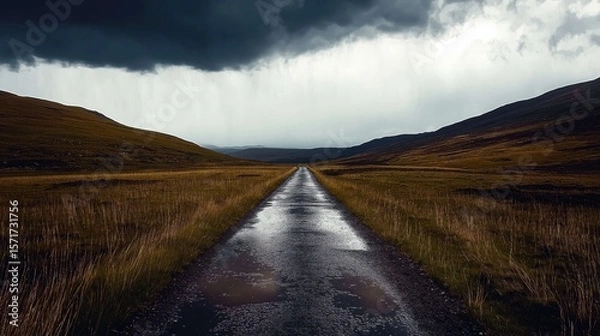 Obraz Photograph of Old Tarmac Road in Scottish Highlands under Overcast Sky with Rain and Wet Puddles.