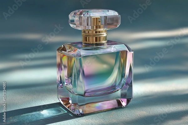 Fototapeta Elegant glass perfume bottle with a faceted design, reflecting light in a soft ambiance, showcasing luxury and sophistication