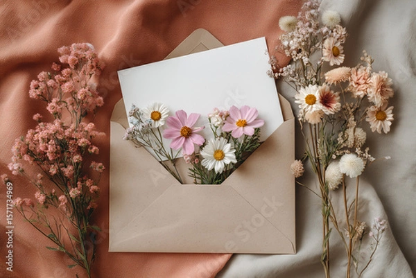 Fototapeta Floral arrangement featuring pink and white flowers in a brown envelope on a soft fabric background