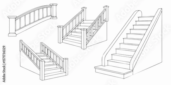 Obraz Collection of architectural stair designs with railings and banisters silhouette isolated on white background