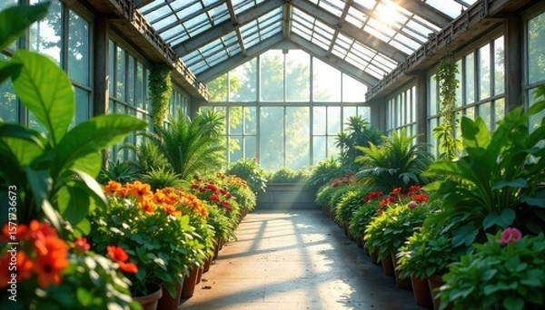 Obraz Sunlight streams through the glass panes of a spacious greenhouse, illuminating lush green plants and vibrant flowers within A tranquil scene of horticultural serenity and growth , nature, glass roof